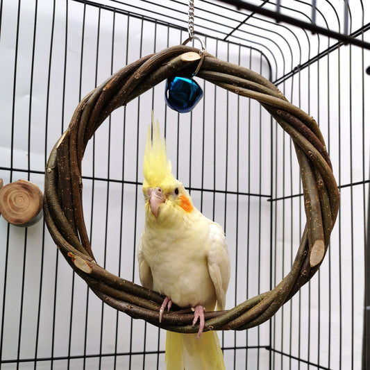 Natural Wood Bird Perch with Rattan Ring Toy