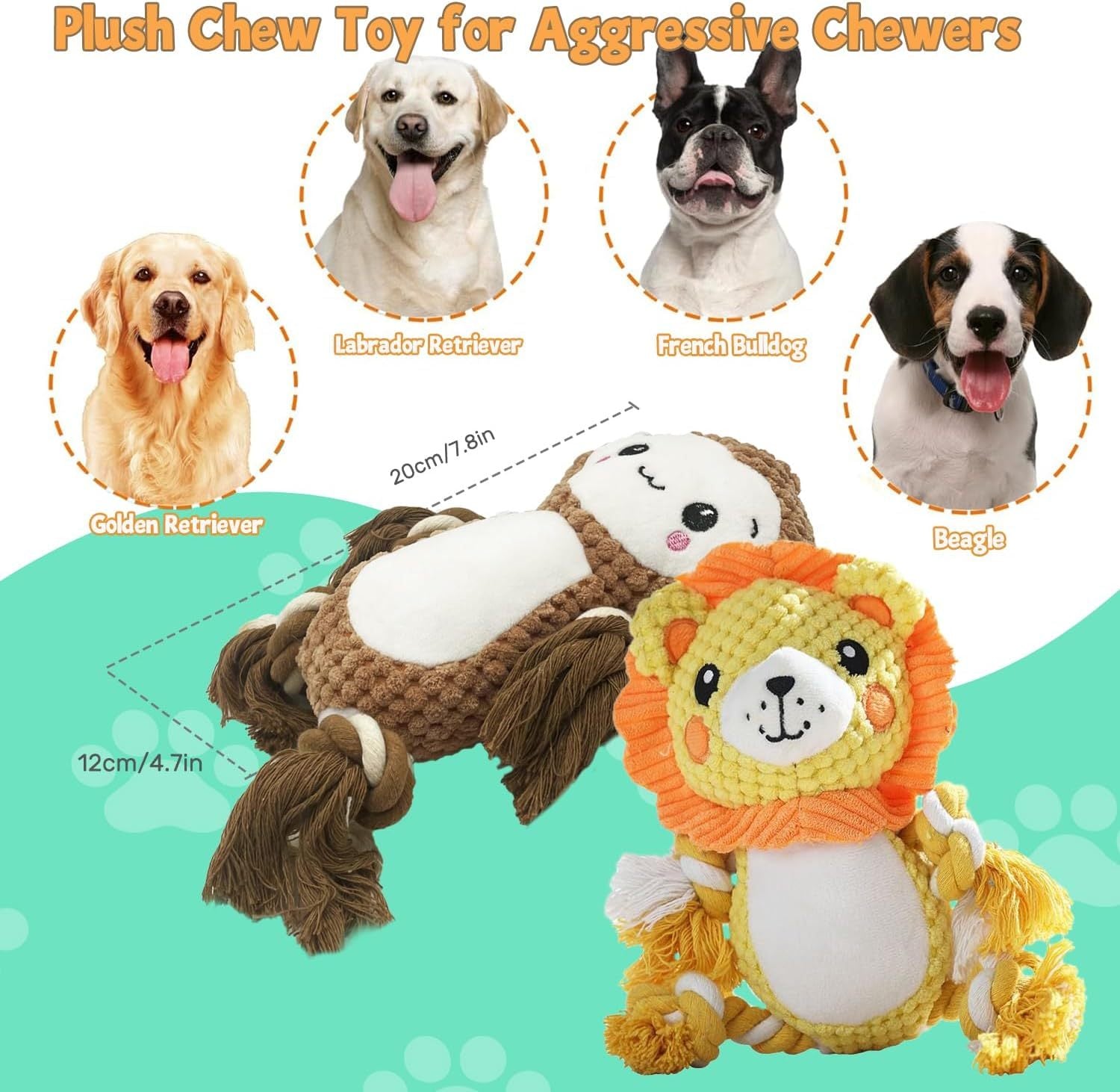 Stuffed Squeaky Plush Dog Toys Bundle - Monkey & Lion