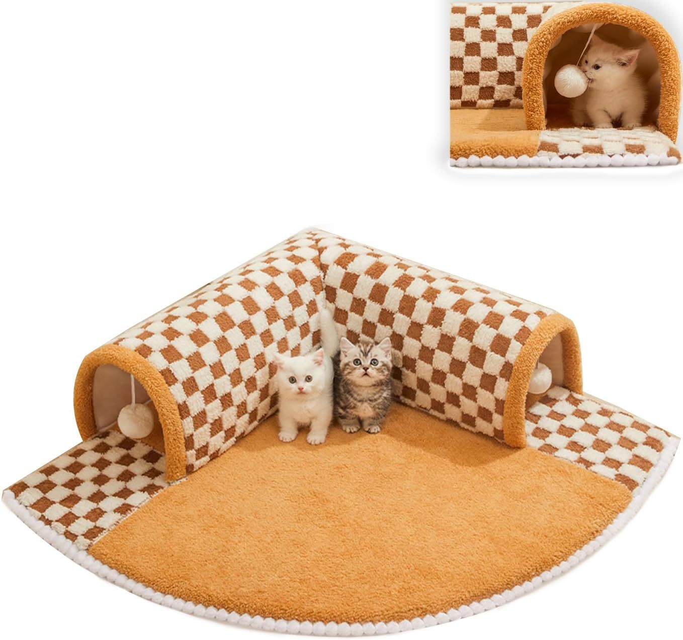 Plush Plaid Cat Tunnel Bed with Central Mat