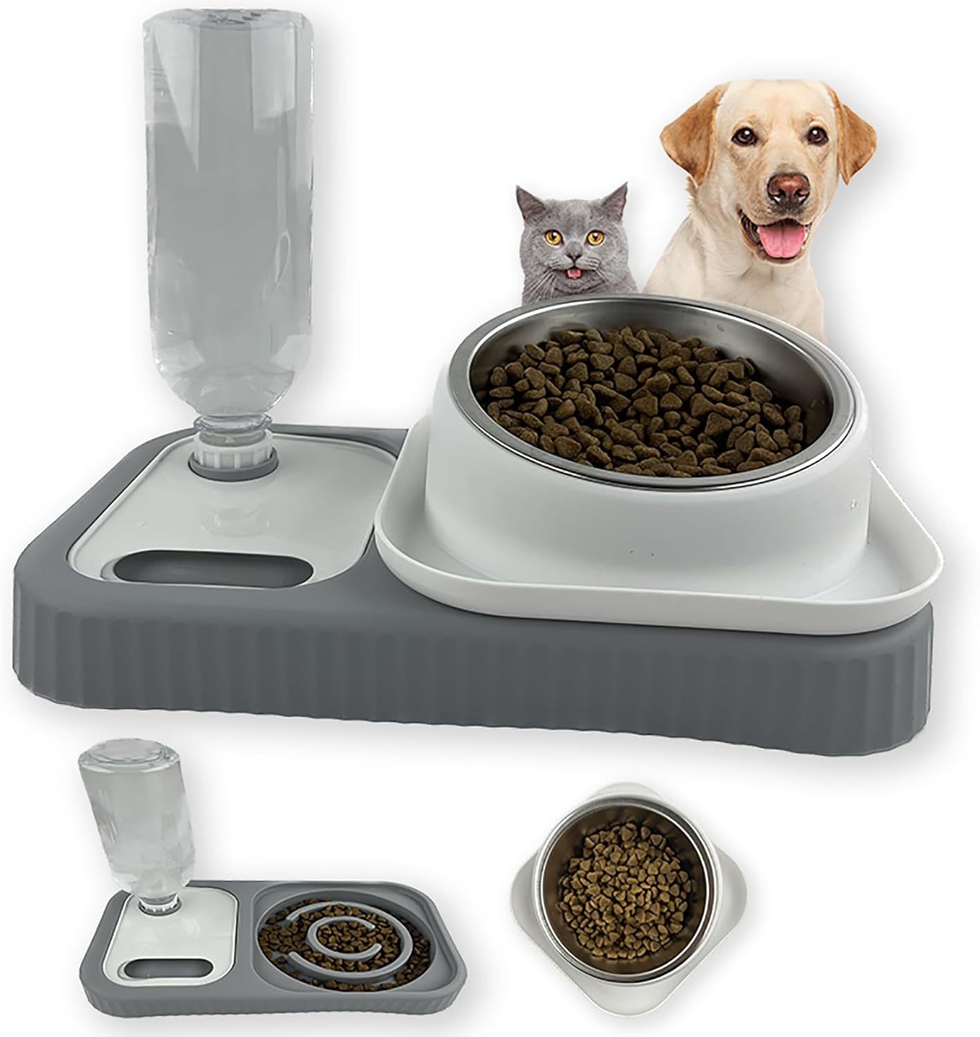 Double Food Bowls with Automatic Water Bottle, Elevated Slow Feeder