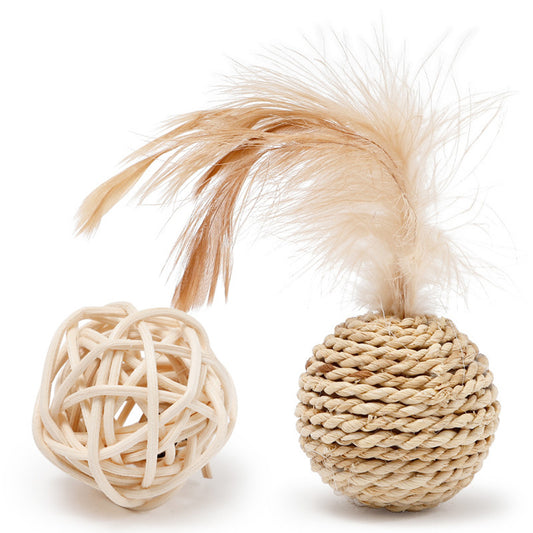 2pcs Cat Toy Rattan Ball & Feather Bell Ball Kitten Interactive Toys