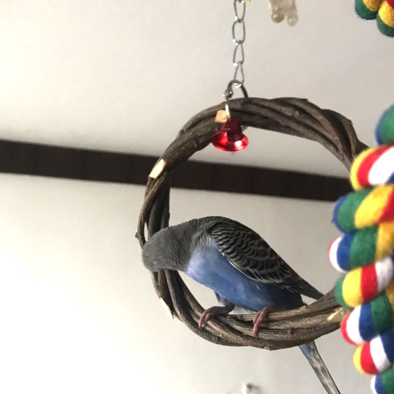 Natural Wood Bird Perch with Rattan Ring Toy