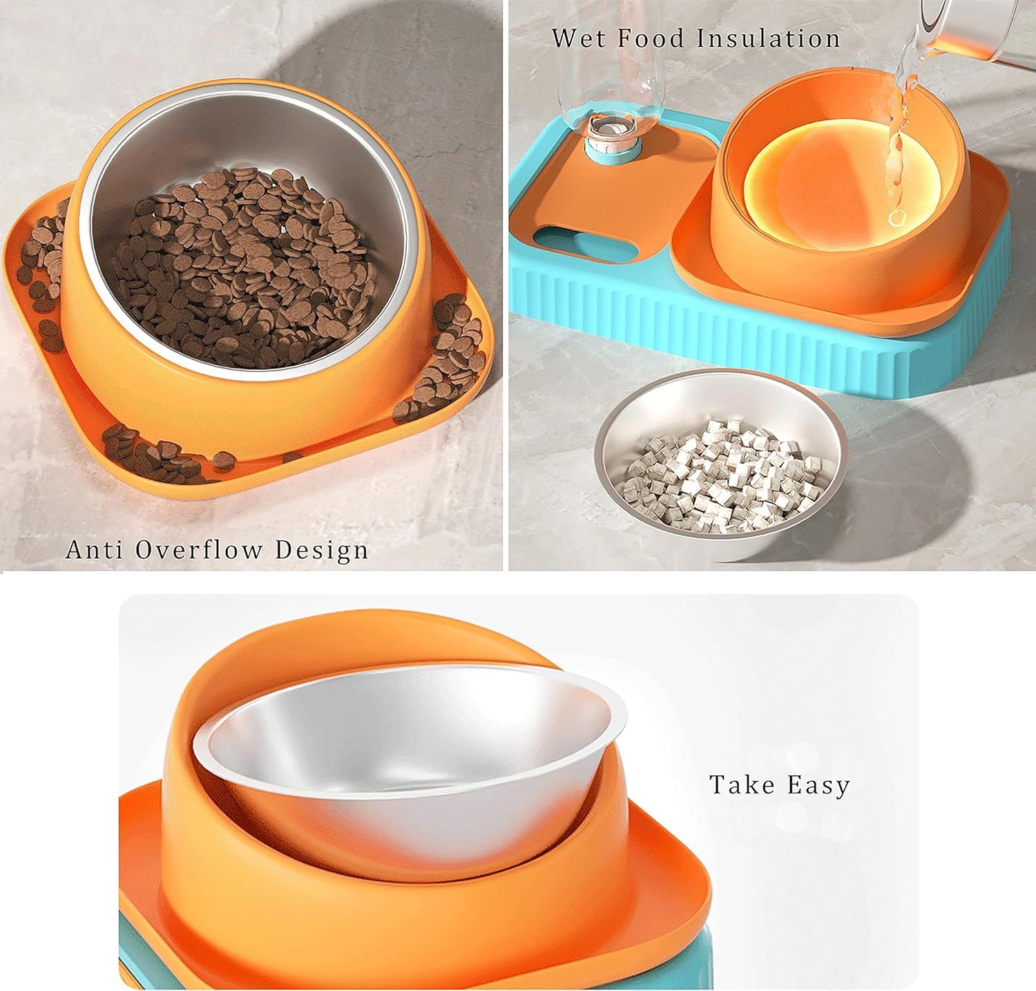 Double Food Bowls with Automatic Water Bottle, Elevated Slow Feeder