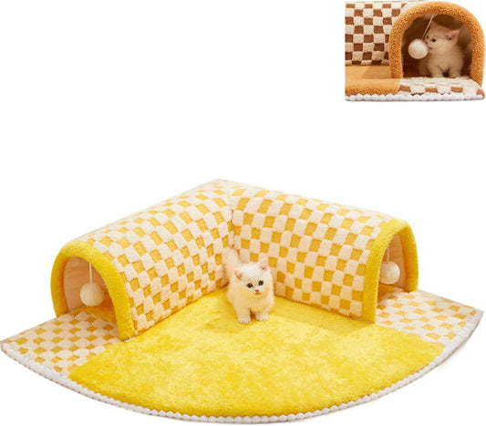 Plush Plaid Cat Tunnel Bed with Central Mat