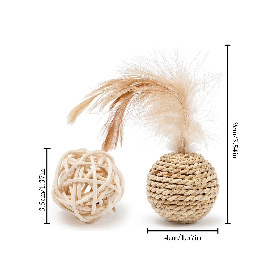 2pcs Cat Toy Rattan Ball & Feather Bell Ball Kitten Interactive Toys