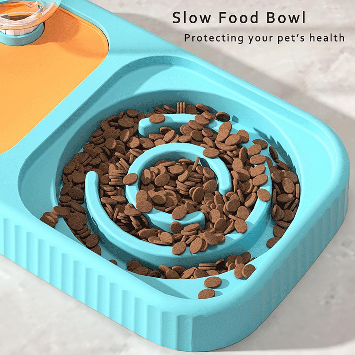 Double Food Bowls with Automatic Water Bottle, Elevated Slow Feeder