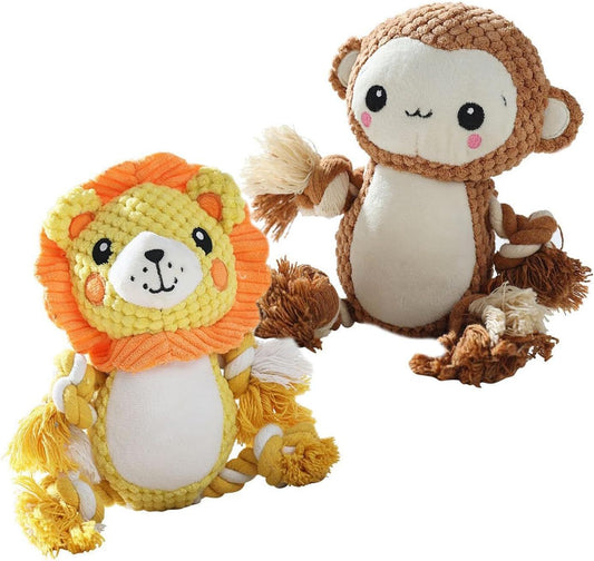 Stuffed Squeaky Plush Dog Toys Bundle - Monkey & Lion