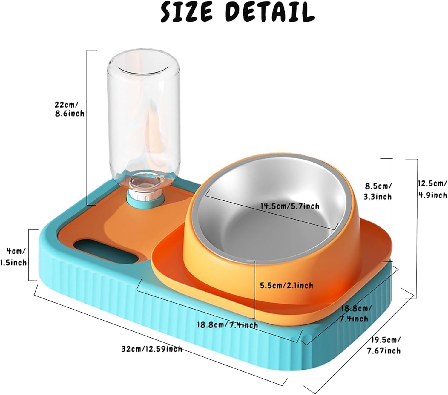 Double Food Bowls with Automatic Water Bottle, Elevated Slow Feeder