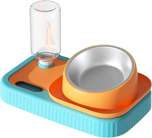 Double Food Bowls with Automatic Water Bottle, Elevated Slow Feeder