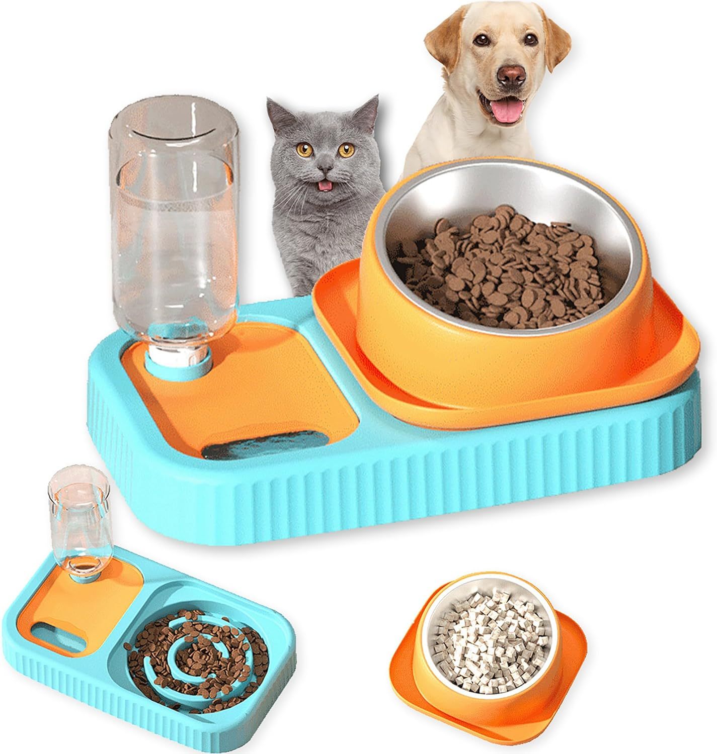 Double Food Bowls with Automatic Water Bottle, Elevated Slow Feeder