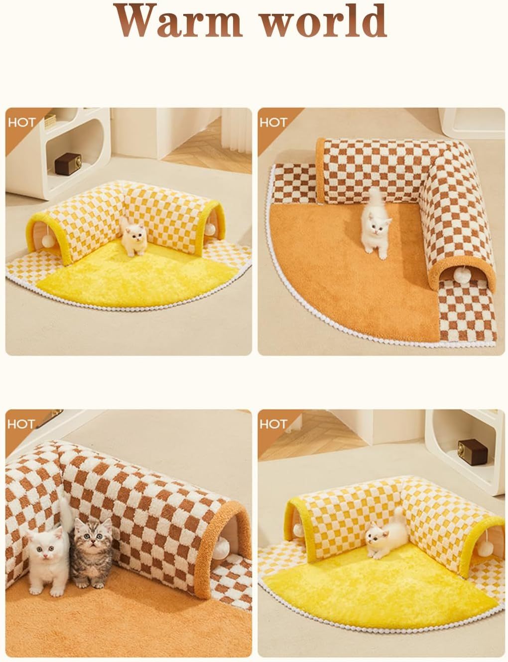 Plush Plaid Cat Tunnel Bed with Central Mat