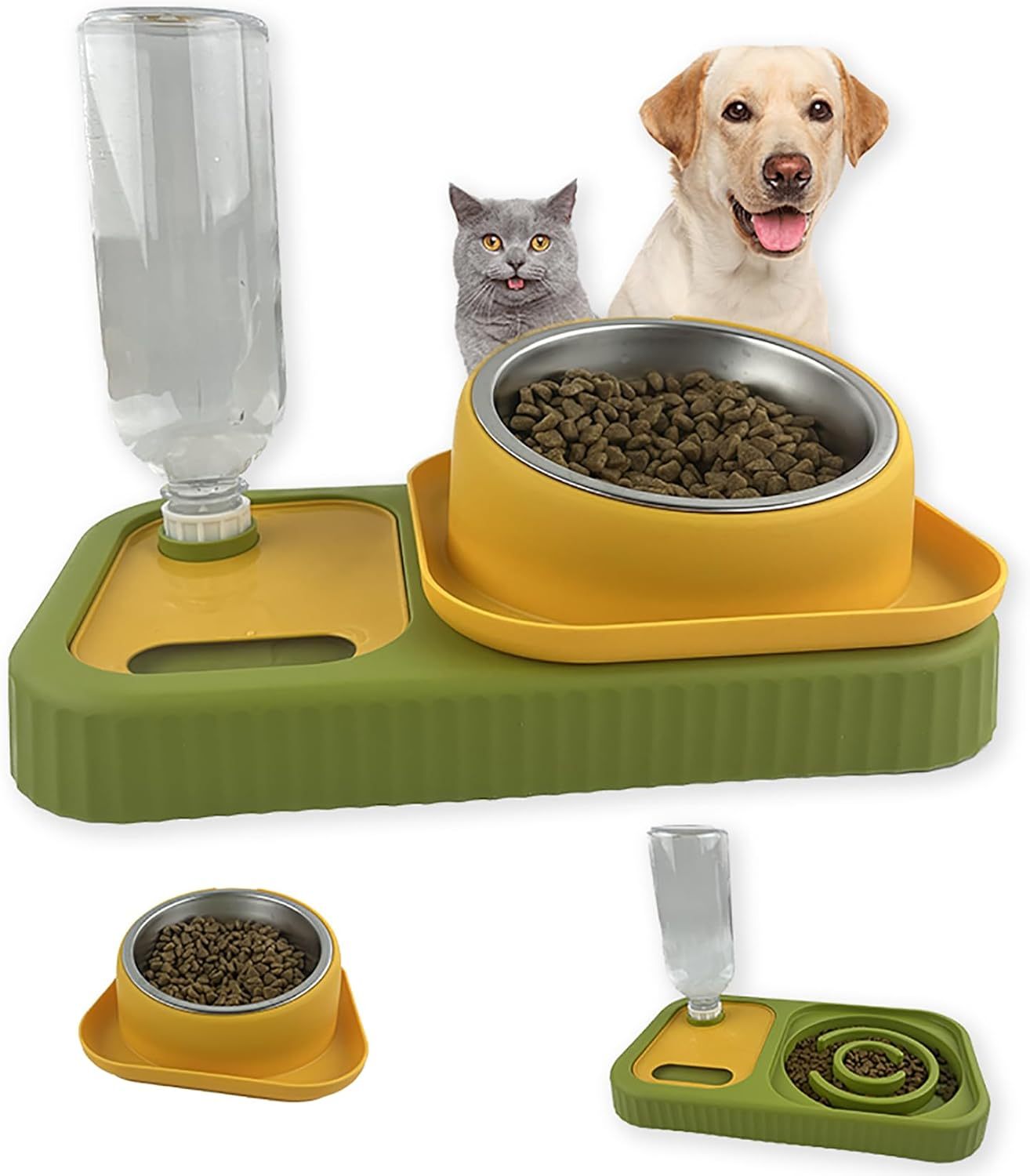 Double Food Bowls with Automatic Water Bottle, Elevated Slow Feeder